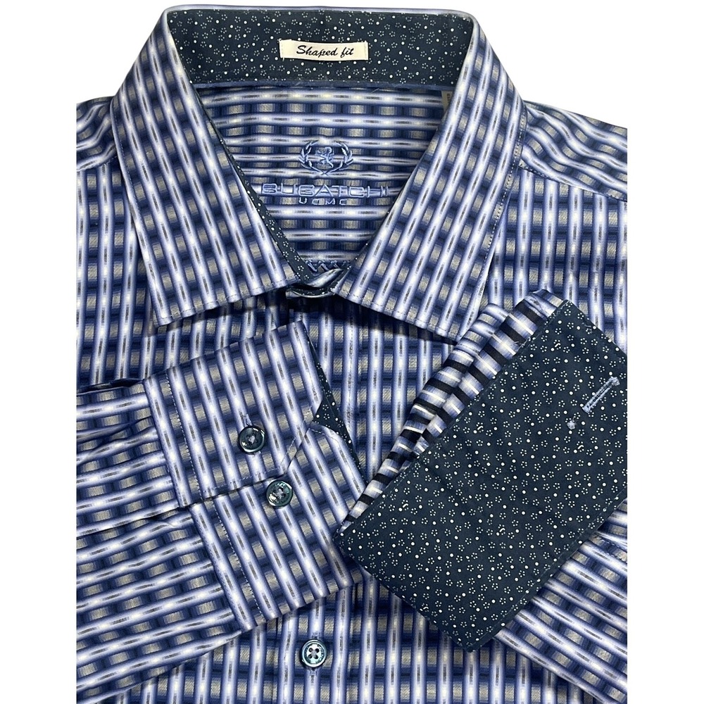 Bugatchi Uomo Shirt Mens M Blue Geometric Stripe Shaped Fit